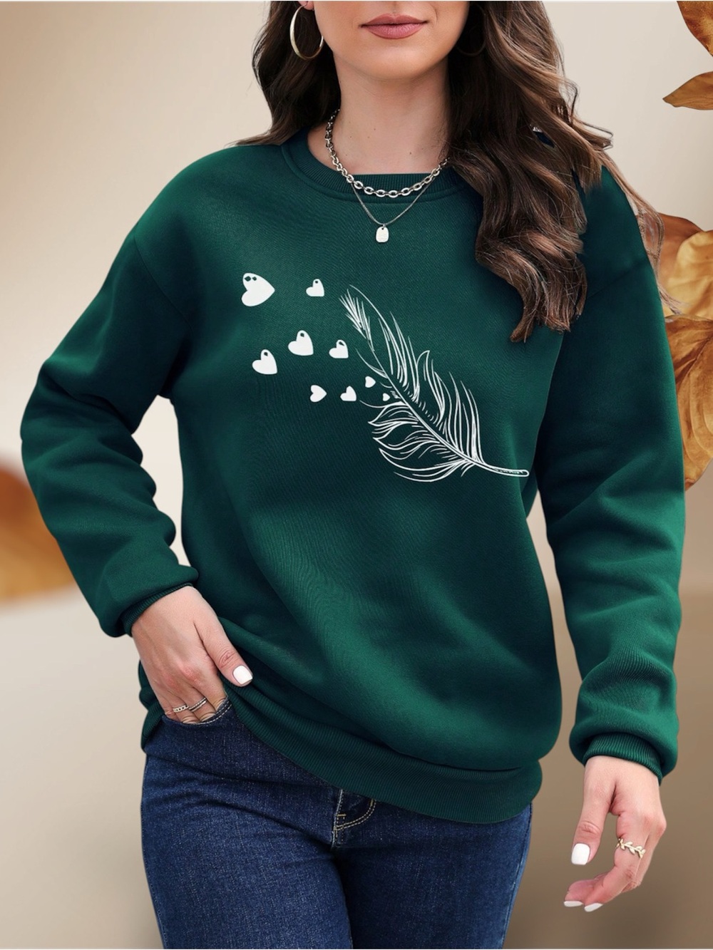 Forest Green Feather Heart Graphic Sweater